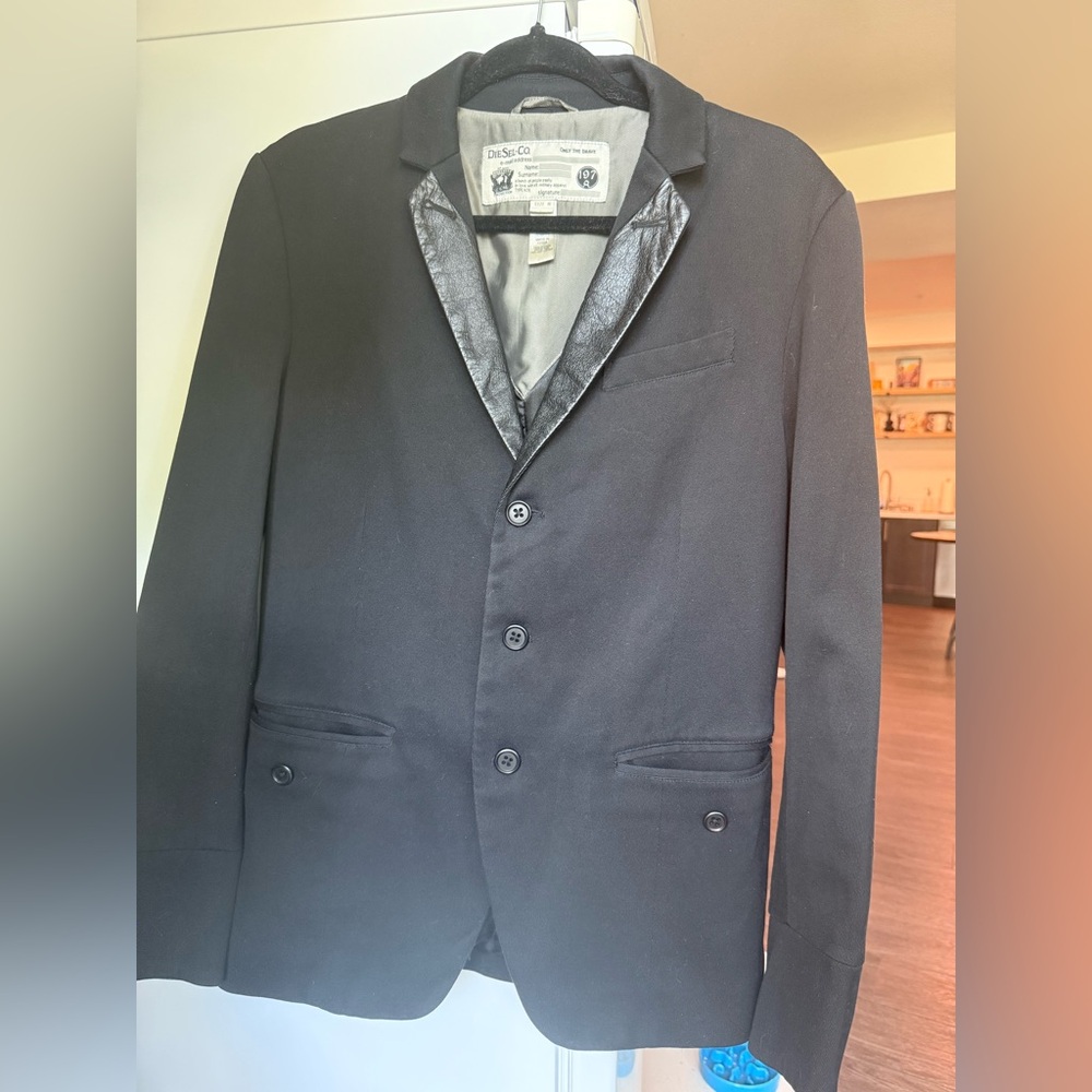 Diesel Twill Black Sport Coat with Notched Leather Lapels